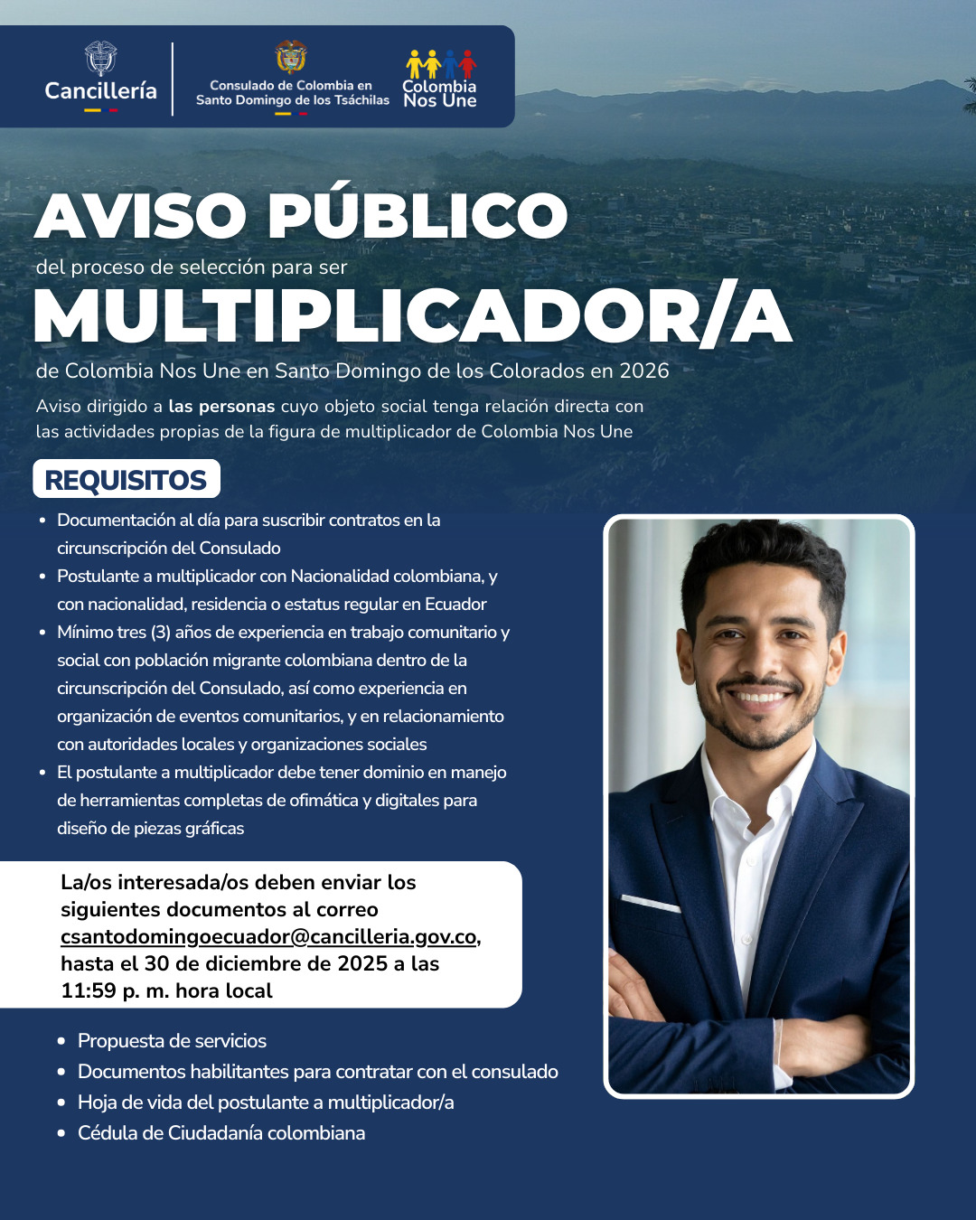 Convocatoria pública para la selección del multiplicador de Colombia Nos Une en Santo Domingo de los Tsáchilas
